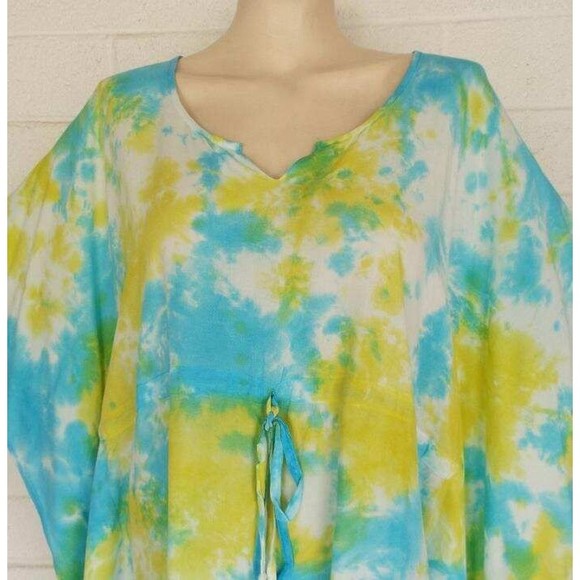 New Sacred Threads One Size Aqua Tie-Dye Pullover Rayon Kaftan Poncho Top - Picture 3 of 4